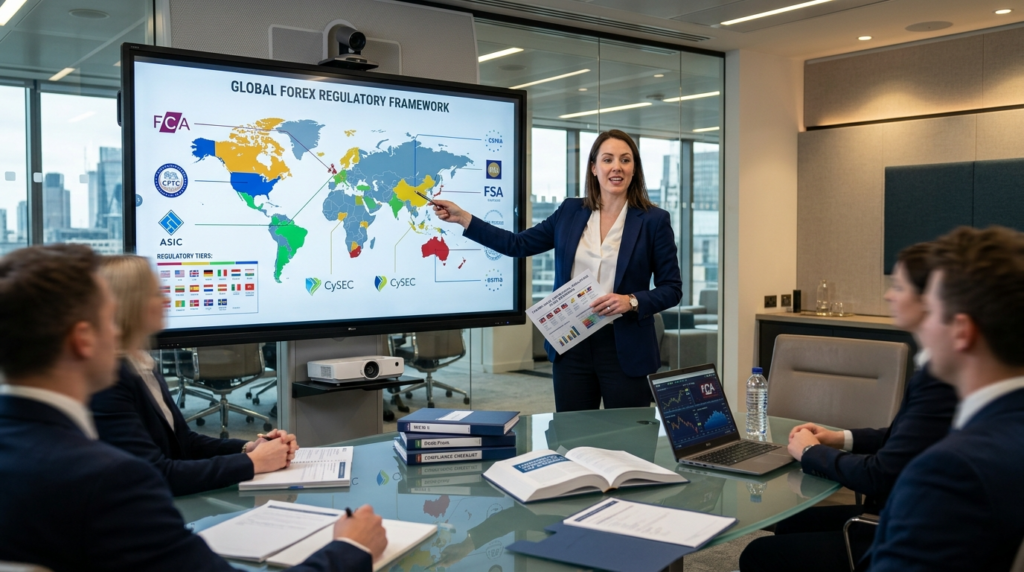Financial analyst presenting global forex regulatory map with international authority logos and compliance frameworks display
