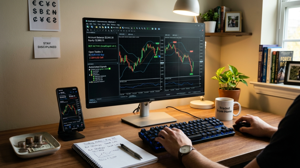 "Home office laptop showing automated forex trading software with bot indicators, charts, and small account setup"
