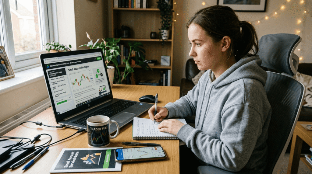 Aspiring trader learning forex course on laptop with small account trading strategies and risk management educational content