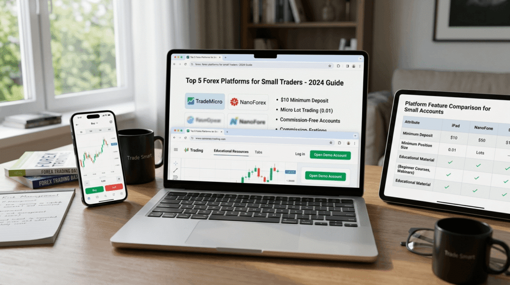 "Small trader platforms showing micro lots, low deposits, mobile apps, comparison charts, and beginner-friendly features displayed"