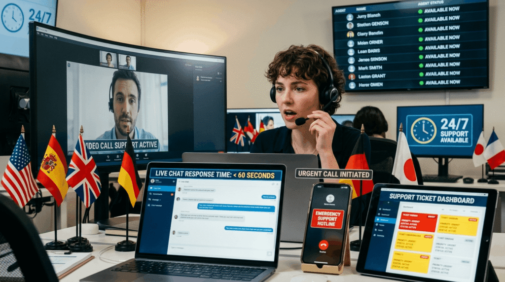Support agent with headset, live chat interface, emergency hotline button, 24/7 badge, and urgent response time indicators"