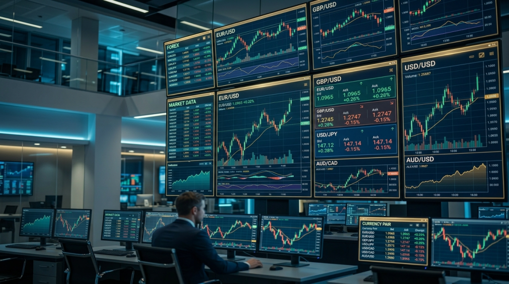 Forex trading display showing EUR/USD, GBP/USD, USD/JPY with candlestick charts and market data