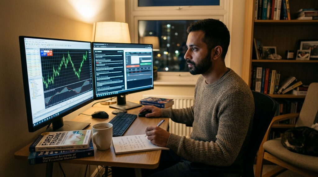 Small forex trader working with trading platform and charts.