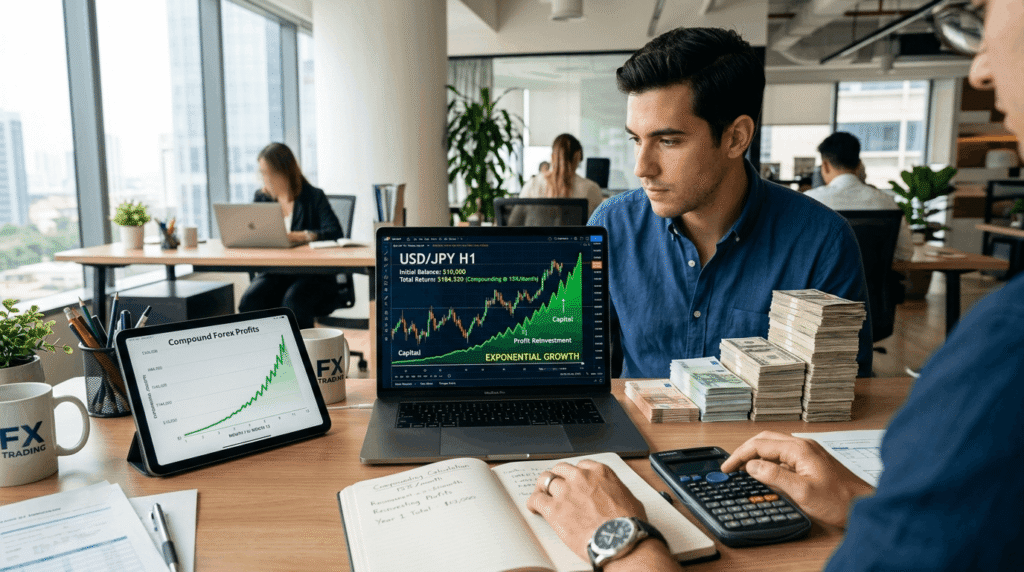 Compound forex profits showing exponential growth and returns.