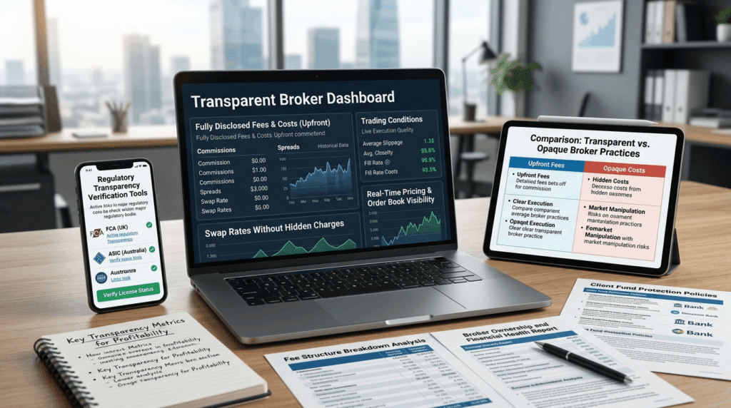 Transparent broker dashboard with clear fees, glass surfaces symbolizing openness, and comparison of transparent vs opaque practices"