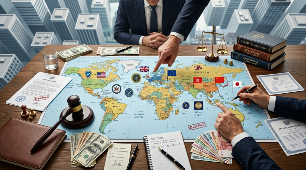 "World map on desk with regulatory symbols, flags, currency notes, and gavel showing global forex regulatory frameworks"