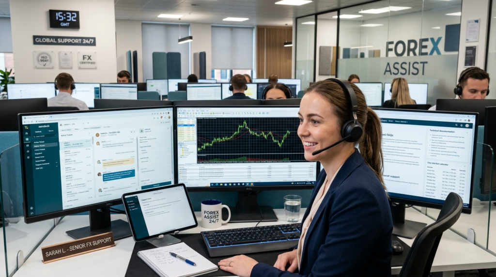 "Professional support agent with headset at desk with multiple monitors showing forex trading platforms and support systems"