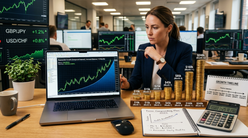 "Trading desk with exponentially growing coin stacks, forex charts showing upward curves, representing compound interest growth"
