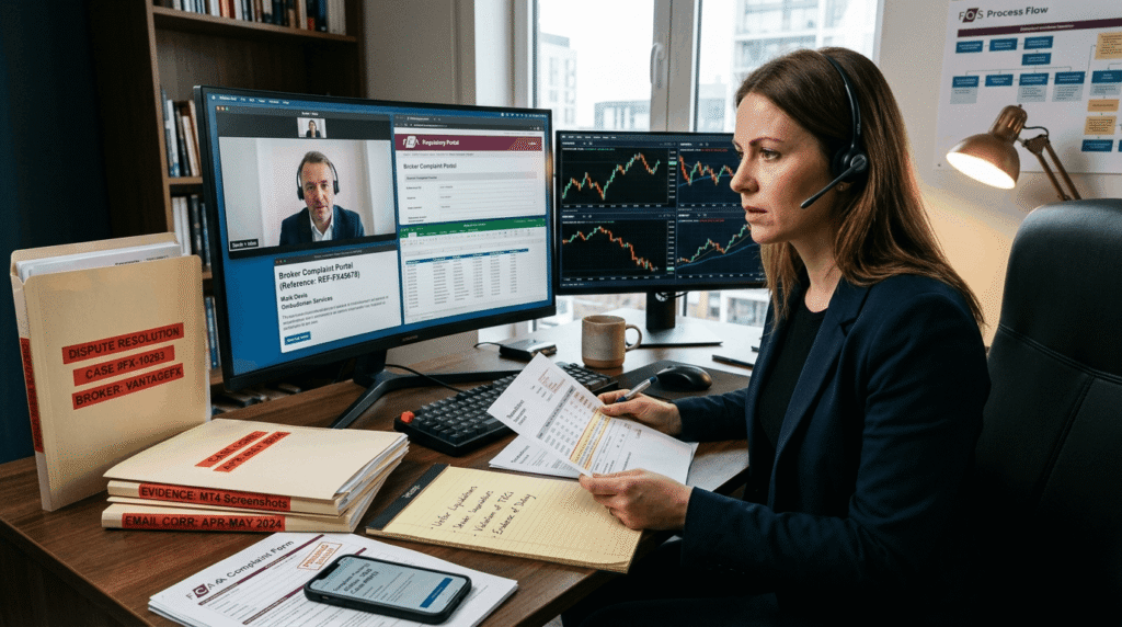 Trader on video call resolving broker dispute with organized documentation, complaint forms, and regulatory contact information