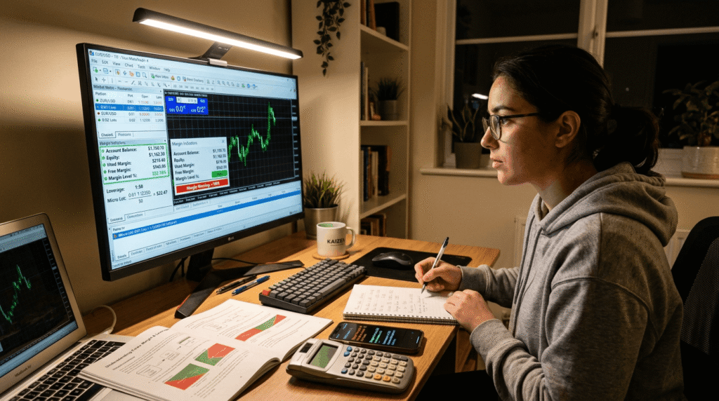 Beginner trader studying margin requirements on forex platform showing used margin, free margin, and leverage calculations