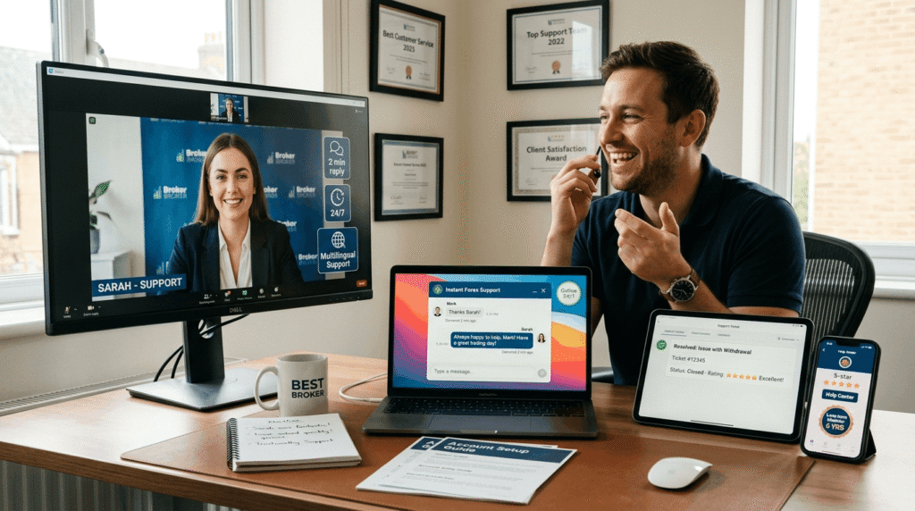Satisfied trader on video call with support representative, showing live chat, 5-star reviews, and 24/7 service badges